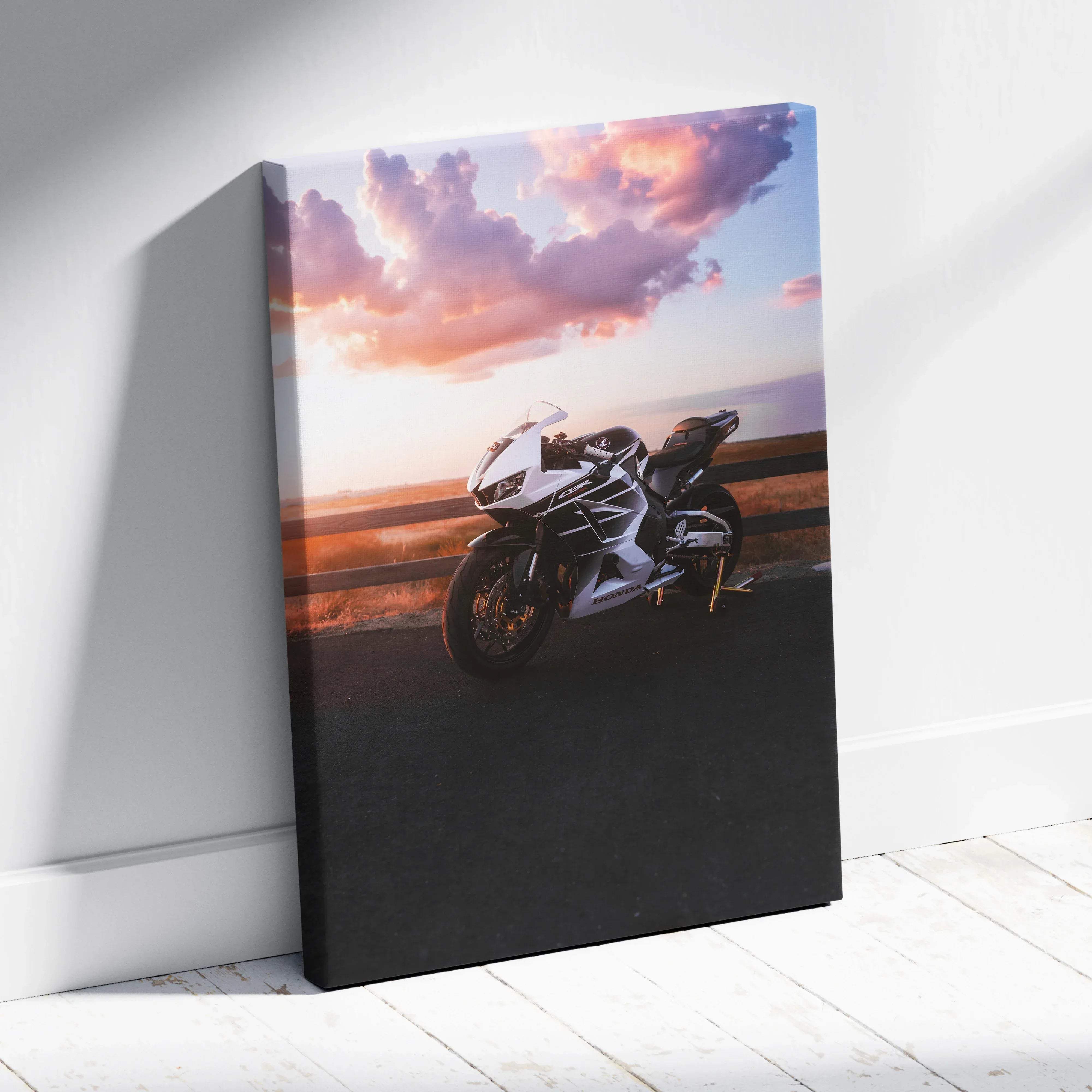 White and black Honda CBR600RR motorcycle on high resolution vertical canvas print with sunset backdrop wall art
