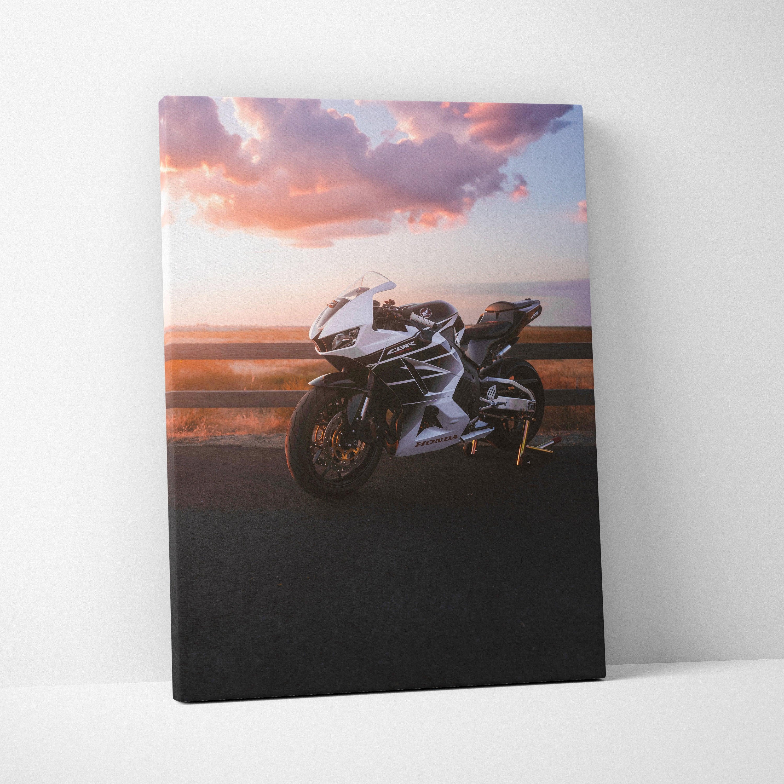 Honda CBR600RR motorcycle canvas wall art with sunset sky in soft purple and orange tones.