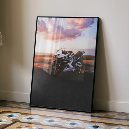 Honda CBR600RR motorcycle poster with sunset background, sleek modern wall art in black frame.