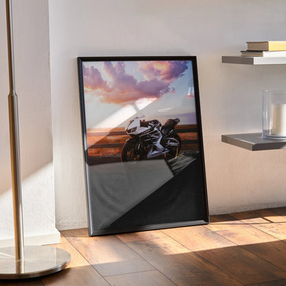 Honda CBR600RR motorcycle poster with sunset backdrop displayed as sleek wall art in black frame.