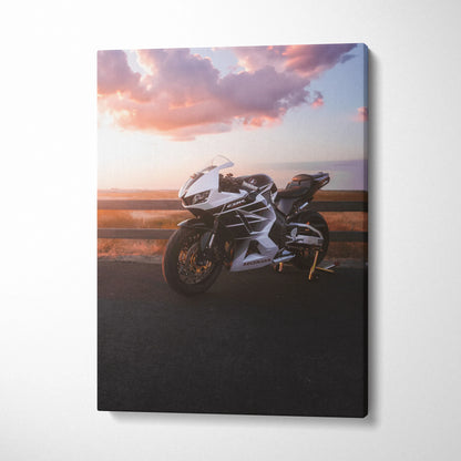 Honda CBR600RR motorcycle at sunset on vertical canvas wall art print.