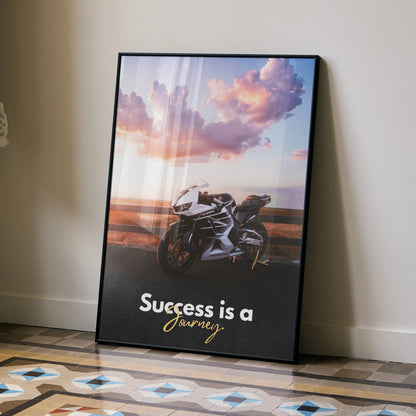 Motivational poster wall art with Honda CBR600RR motorcycle and inspiring text "Success is a journey" against sunset.