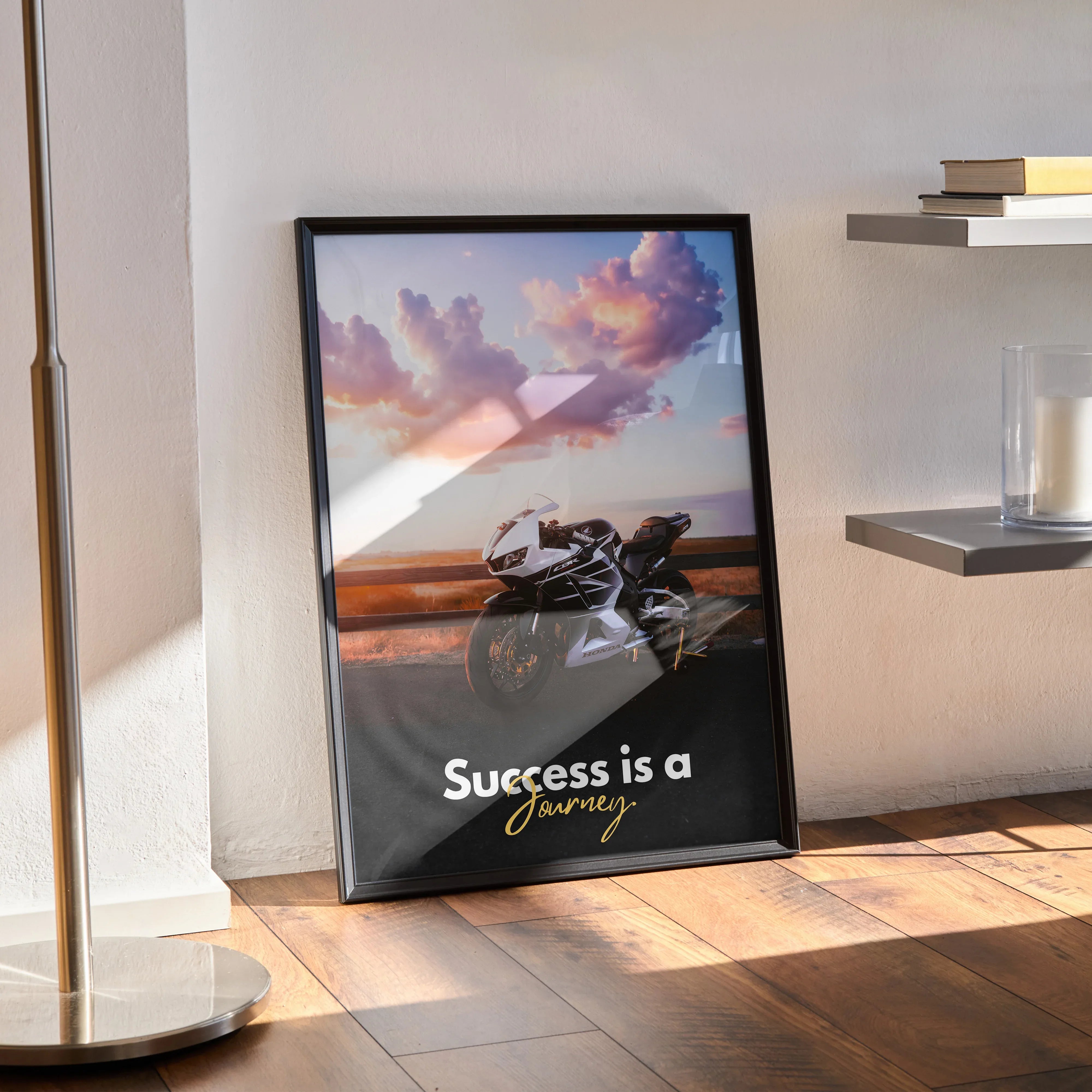 Motivational poster wall art featuring a Honda CBR600RR motorcycle with sunset sky background and inspiring text.