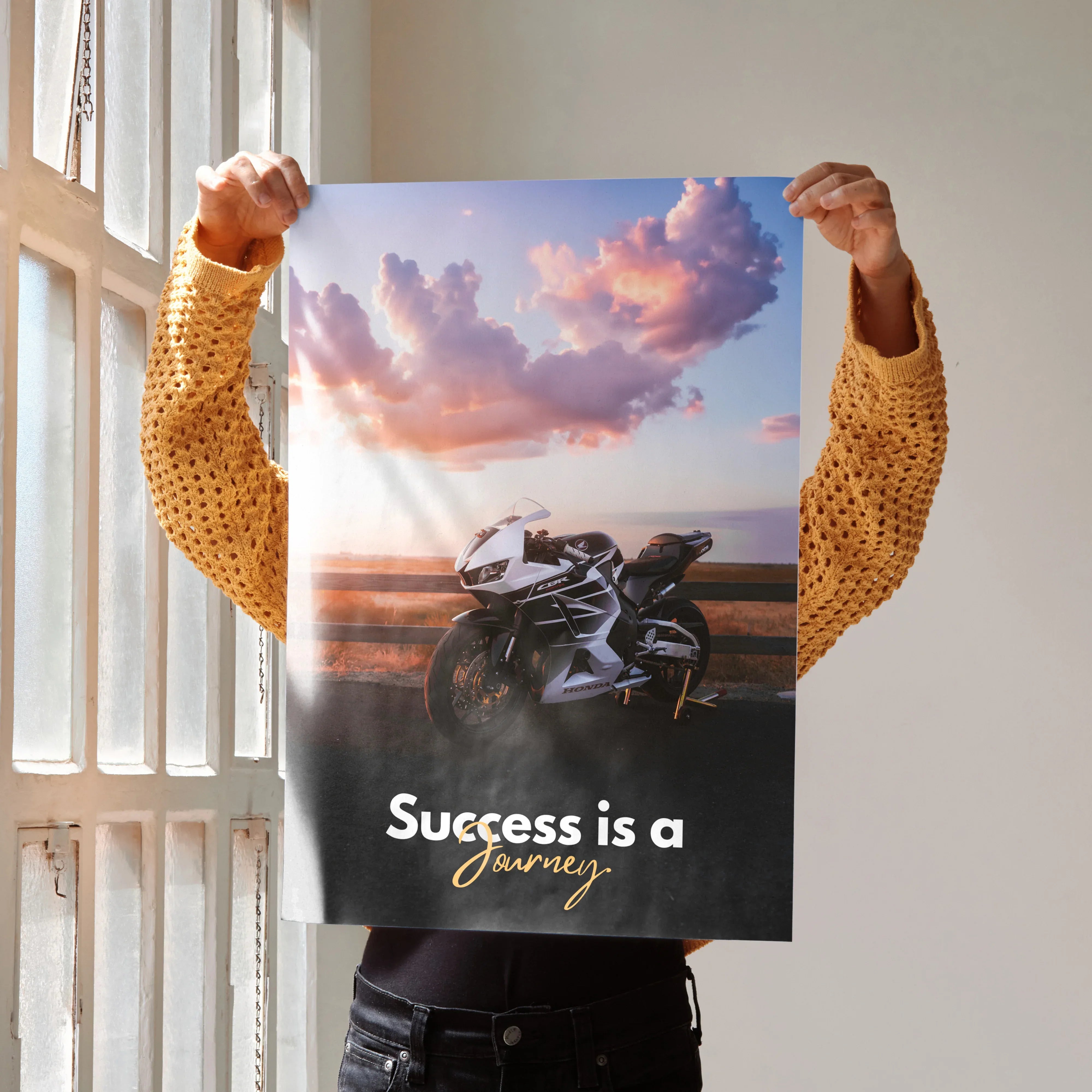 Motivational poster wall art featuring Honda CBR600RR motorcycle with sunset and "Success is a Journey" text.