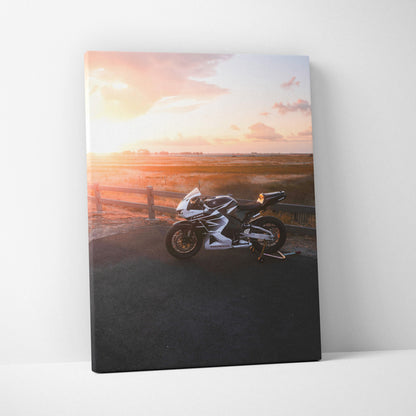 Honda CBR600RR motorcycle canvas wall art with sunset background, high-resolution vertical print.