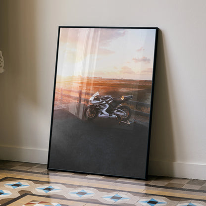 Honda CBR600RR motorcycle poster with sunset background, premium wall art in black frame.
