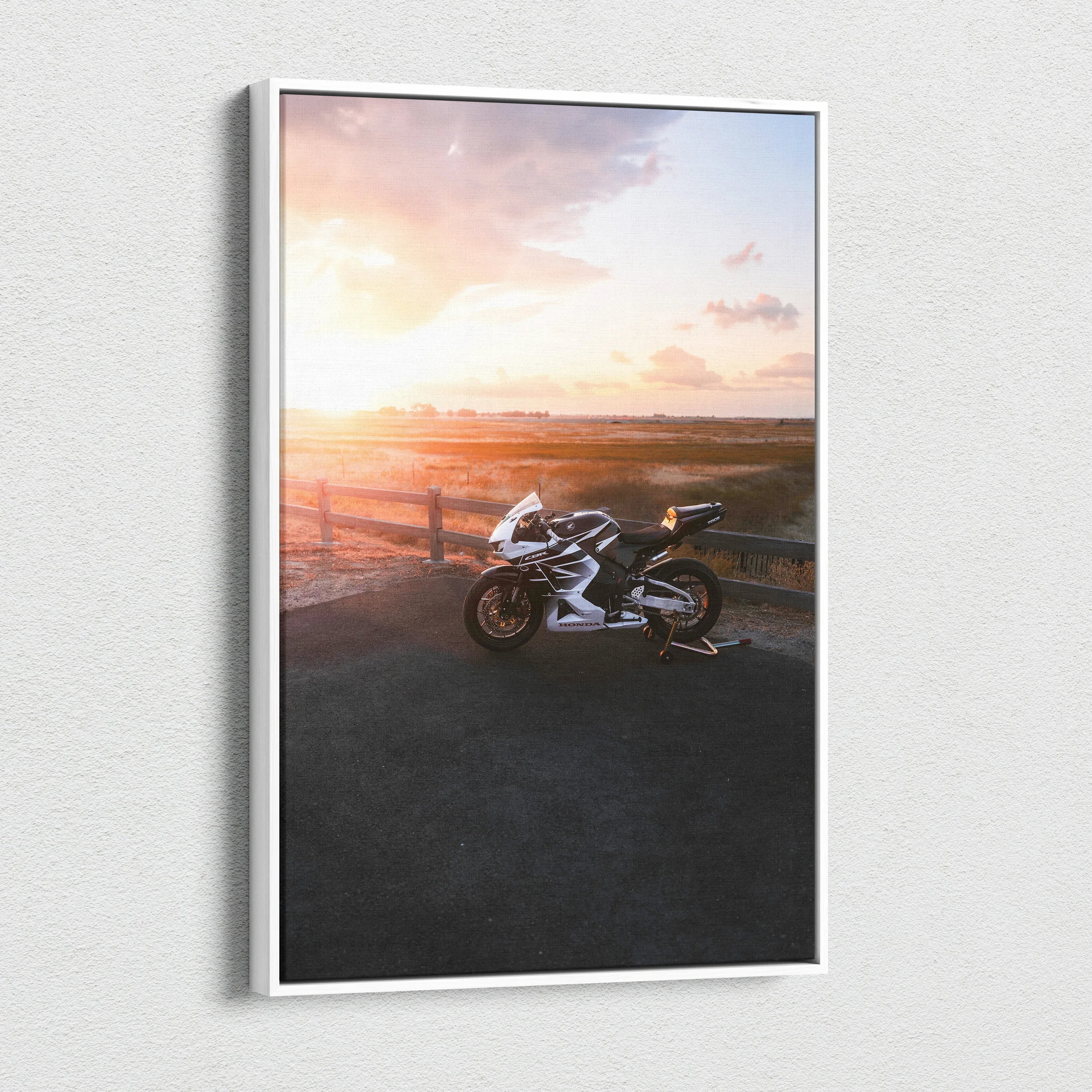 Honda CBR600RR motorcycle canvas wall art with sunset background, vertical high-resolution print.