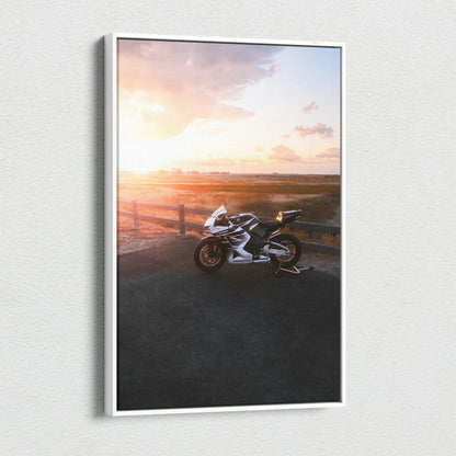 Honda CBR600RR motorcycle canvas wall art with sunset background, vertical high-resolution print.