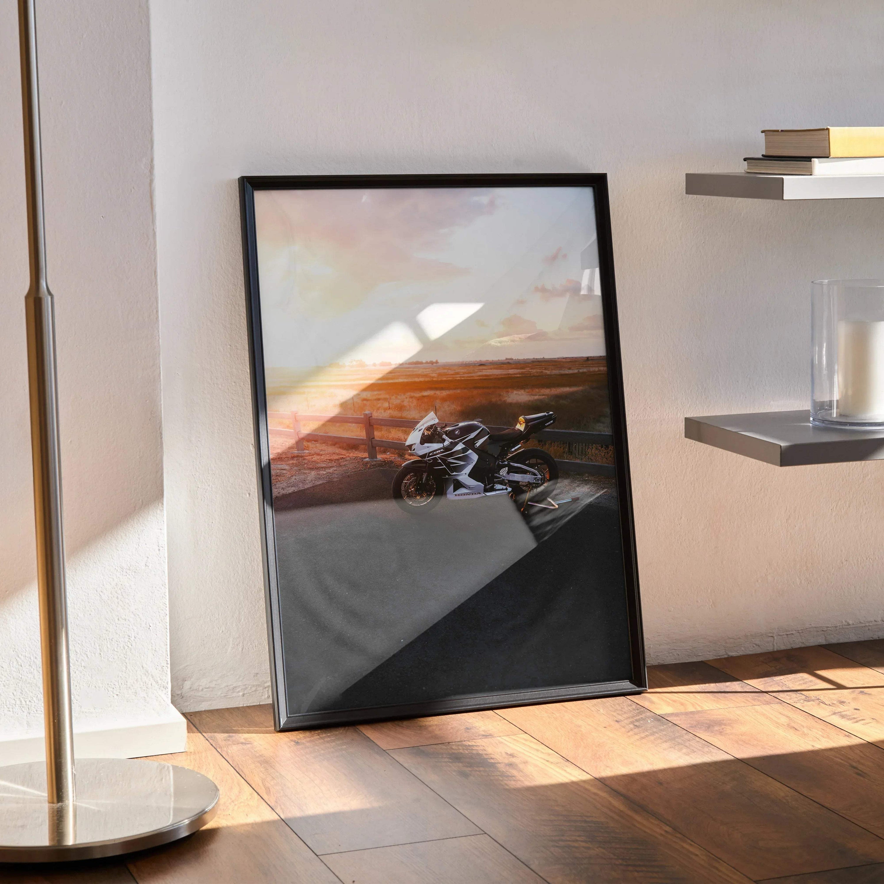 Honda CBR600RR motorcycle poster with sunset background, framed premium wall art decor.