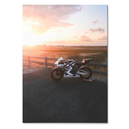 Honda CBR600RR motorcycle poster at sunset with coastal background wall art.
