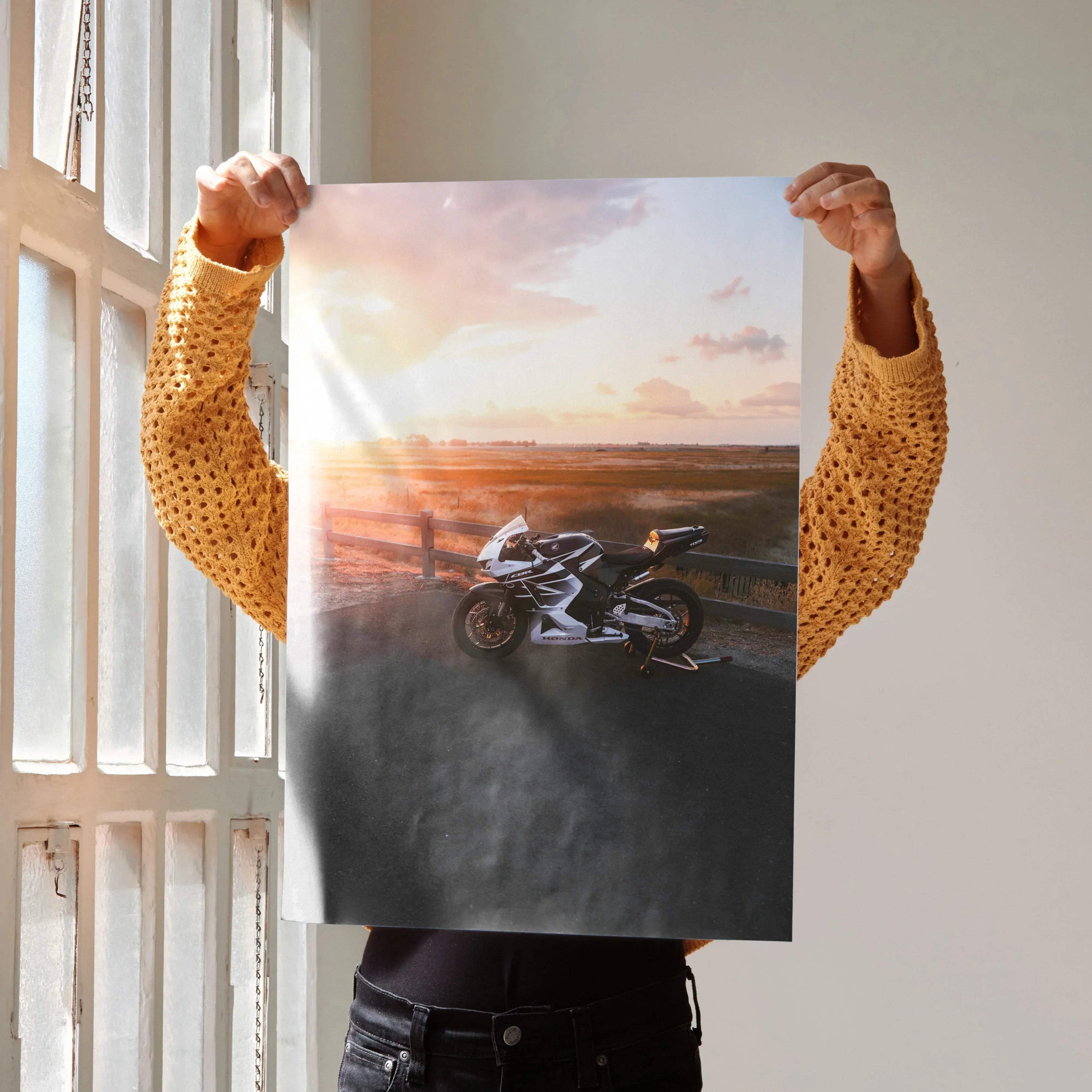 Honda CBR600RR motorcycle poster with sunset background premium wall art print.