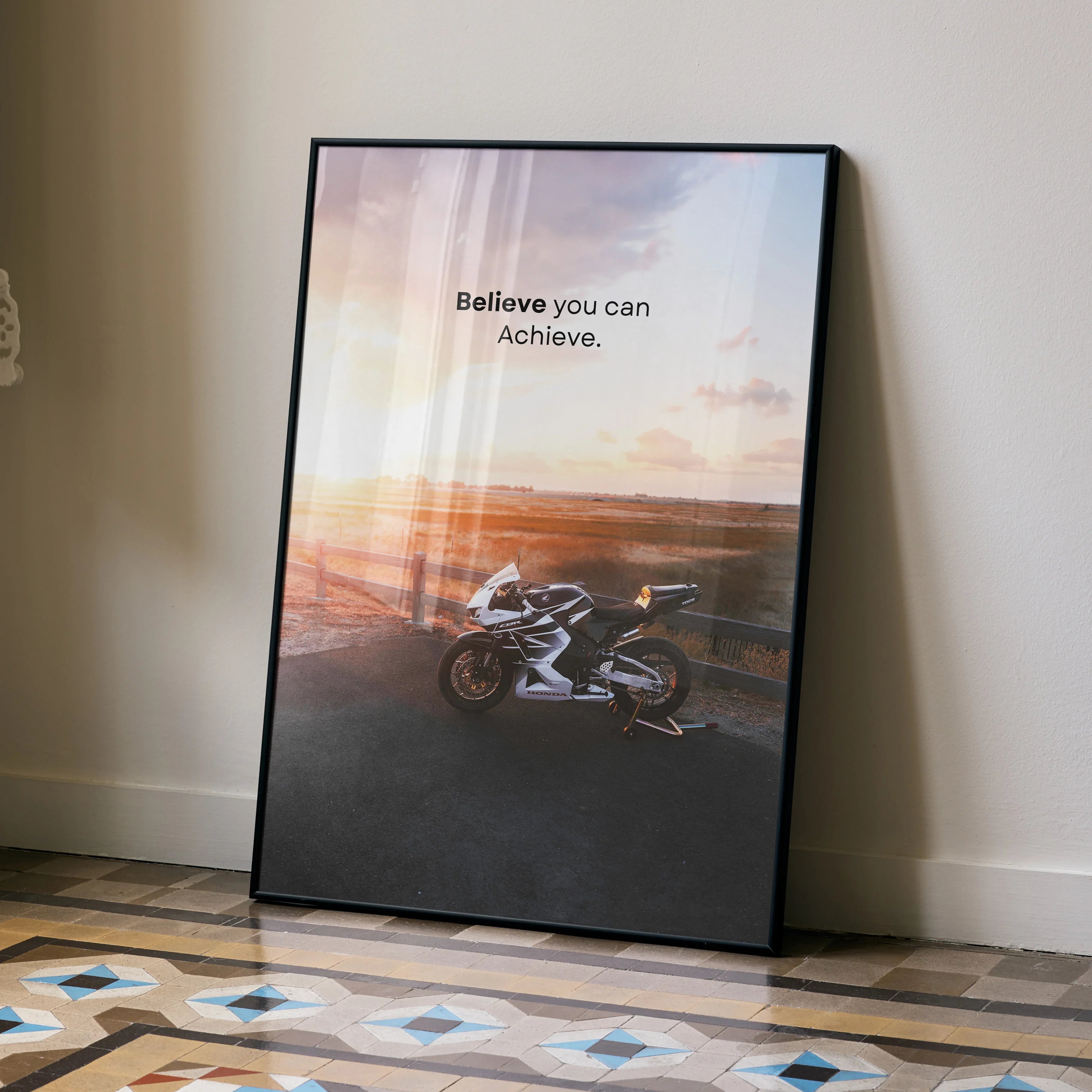 Motivational poster wall art with Honda CBR600RR motorcycle and sunset background, inspiring text.