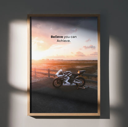 Motivational poster wall art with Honda CBR600RR motorcycle at sunset and inspiring text.
