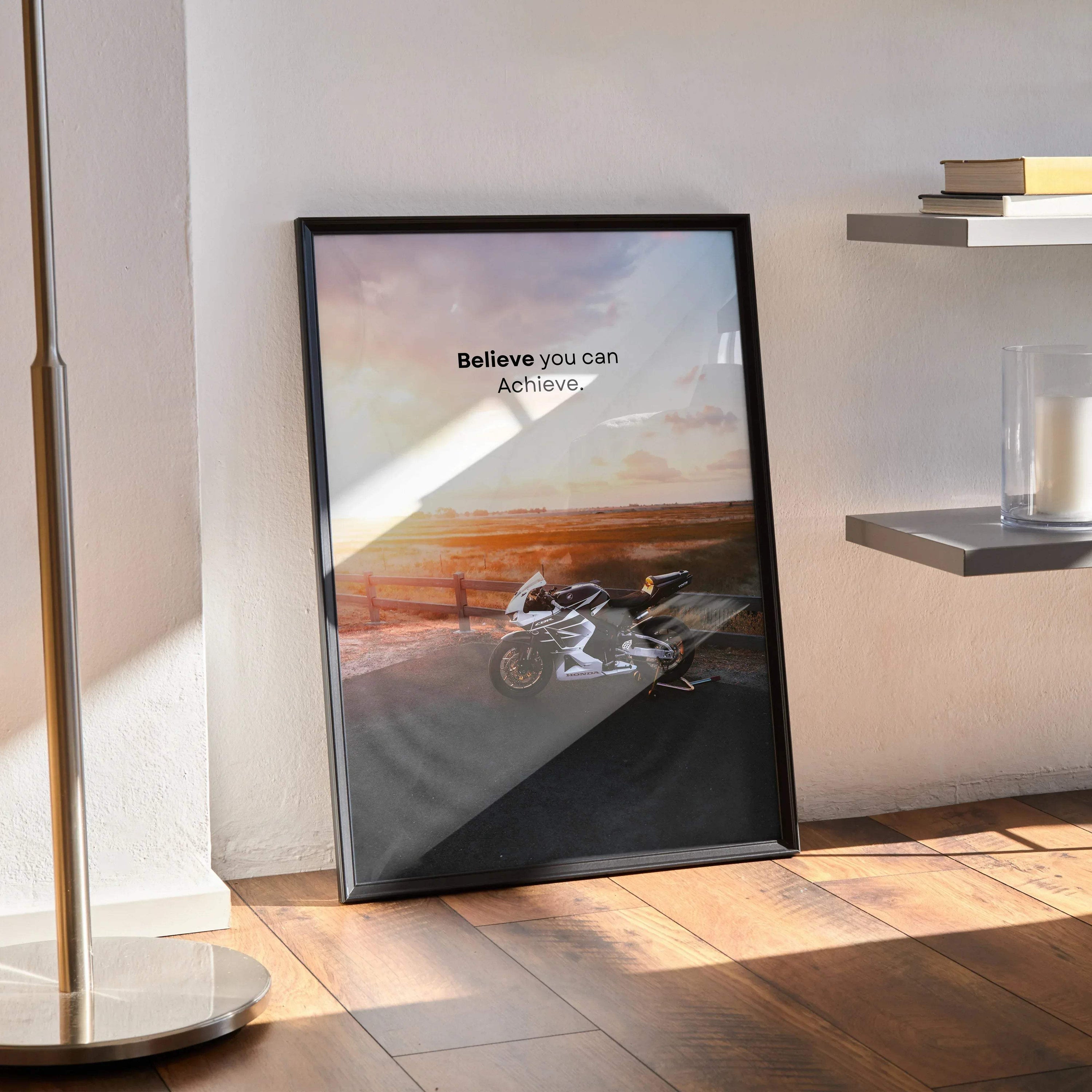 Honda CBR600RR motivational poster with inspiring text in black frame wall art.