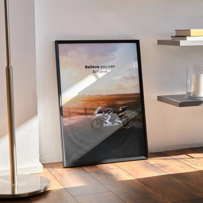 Honda CBR600RR motivational poster with inspiring text in black frame wall art.