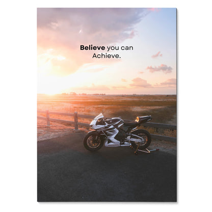 Motivational poster with Honda CBR600RR motorcycle at sunset and inspiring text wall art.