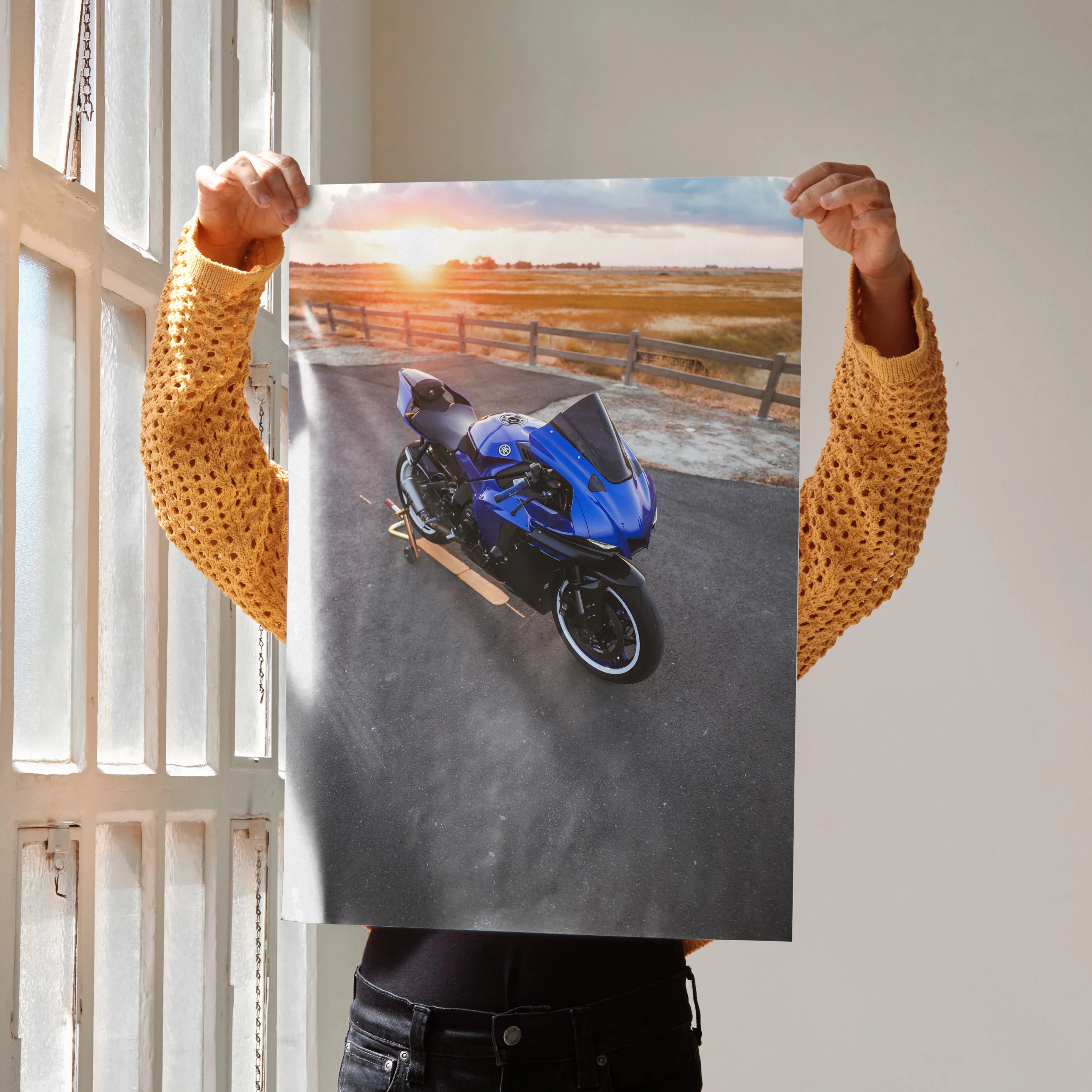 Poster wall art featuring a blue Yamaha R1 motorcycle parked by a beach at sunset.