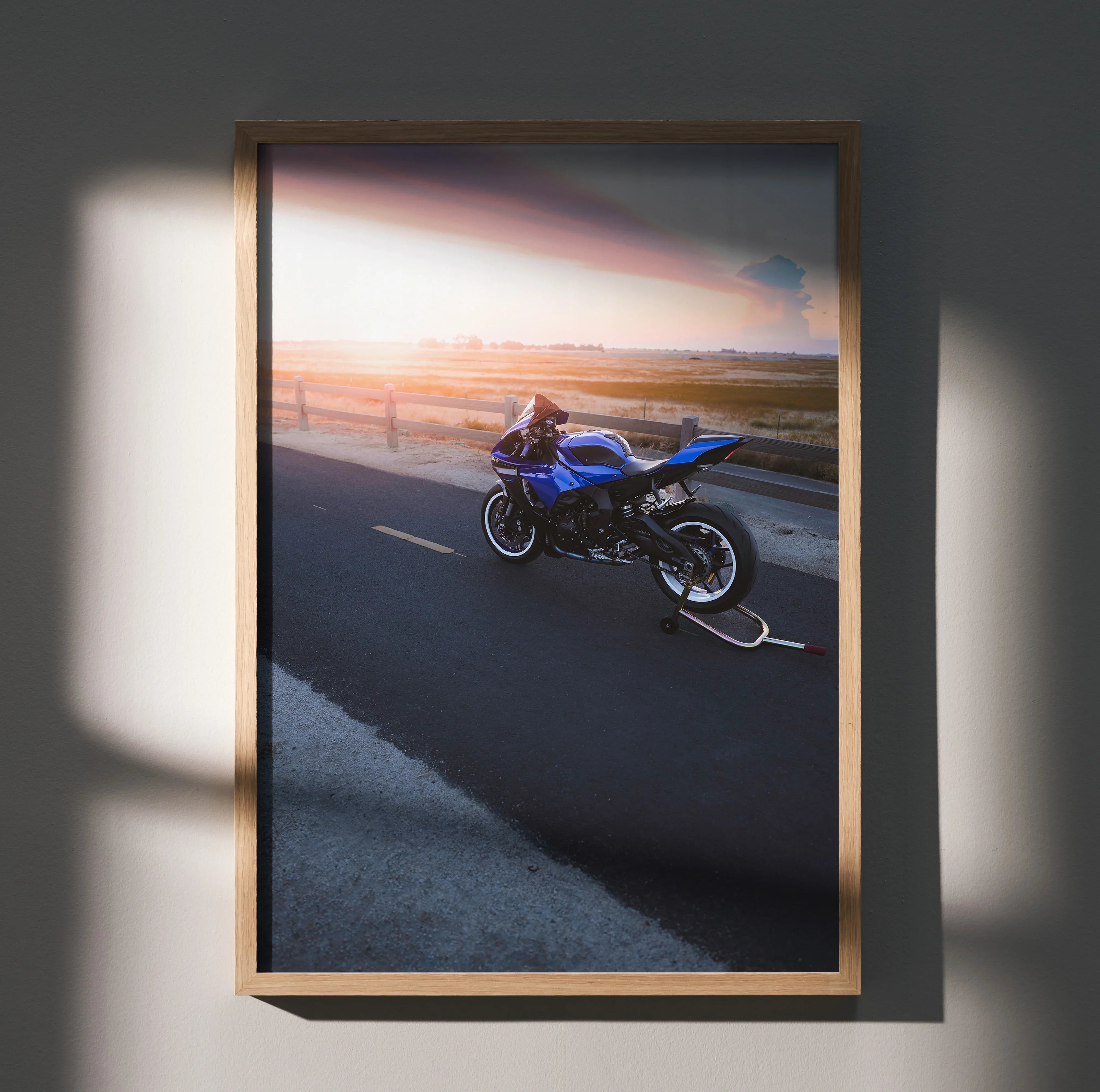 YZF-R1 Yamaha motorcycle poster with sunset background, modern wall art decor in wooden frame.
