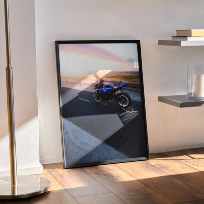 Yamaha YZF-R1 motorcycle poster with sunset background in black frame wall art.
