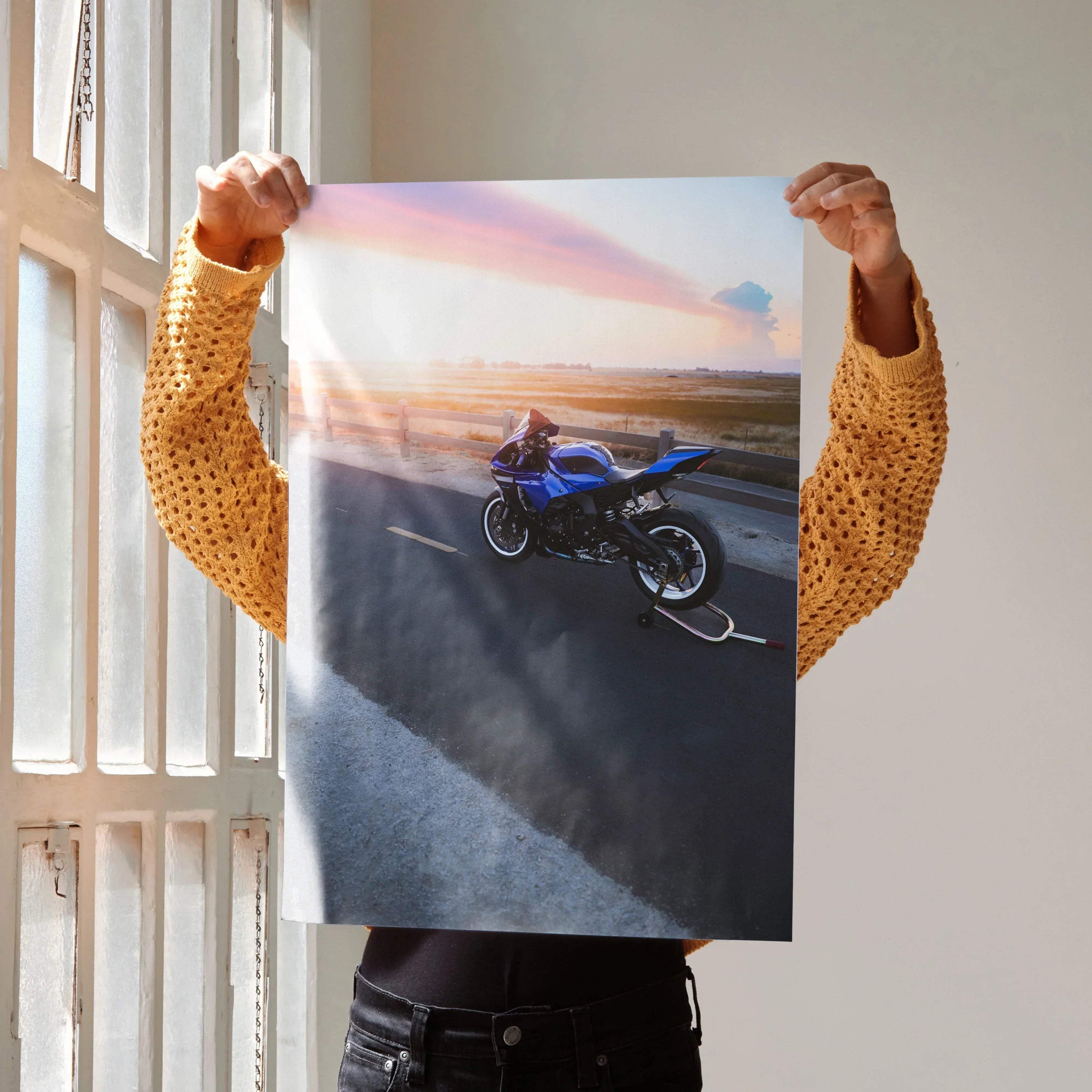 Yamaha YZF-R1 motorcycle poster with sunset background wall art decor.