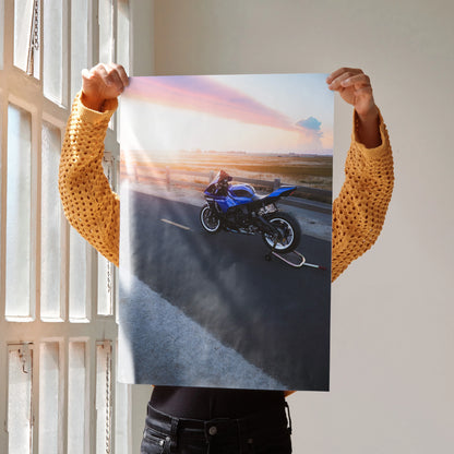 Yamaha YZF-R1 motorcycle poster with sunset background wall art decor.