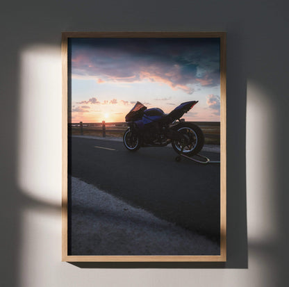 Yamaha R1 motorcycle silhouette against colorful sunset sky poster wall art in wooden frame.