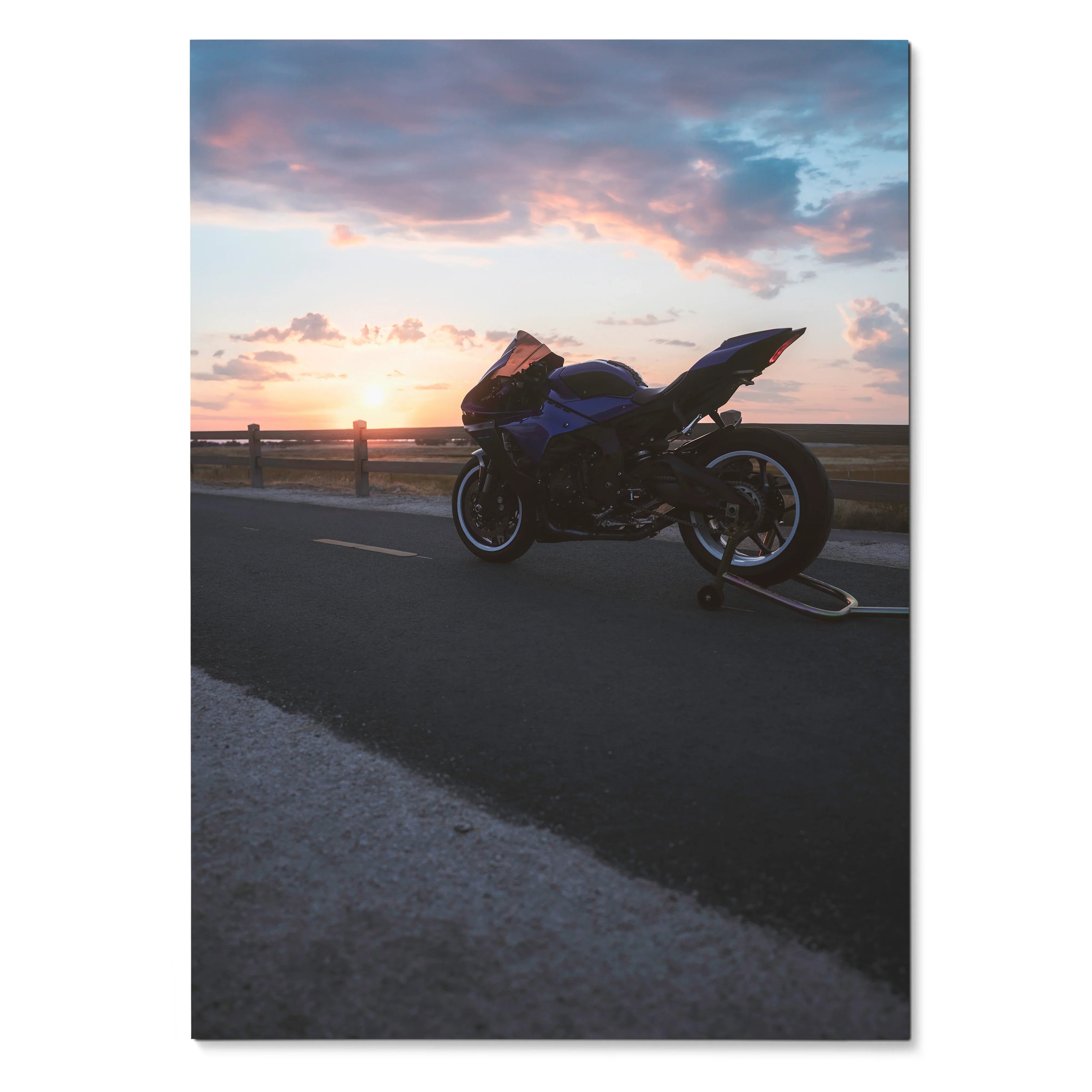 Yamaha R1 motorcycle silhouette against colorful sunset sky poster wall art.