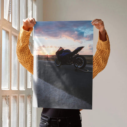 Yamaha R1 motorcycle silhouette at sunset on poster wall art with vibrant sky colors.