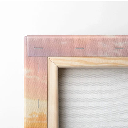 Close-up of wooden stretcher bar and canvas corner on Yamaha R1 motorcycle vertical wall art print.