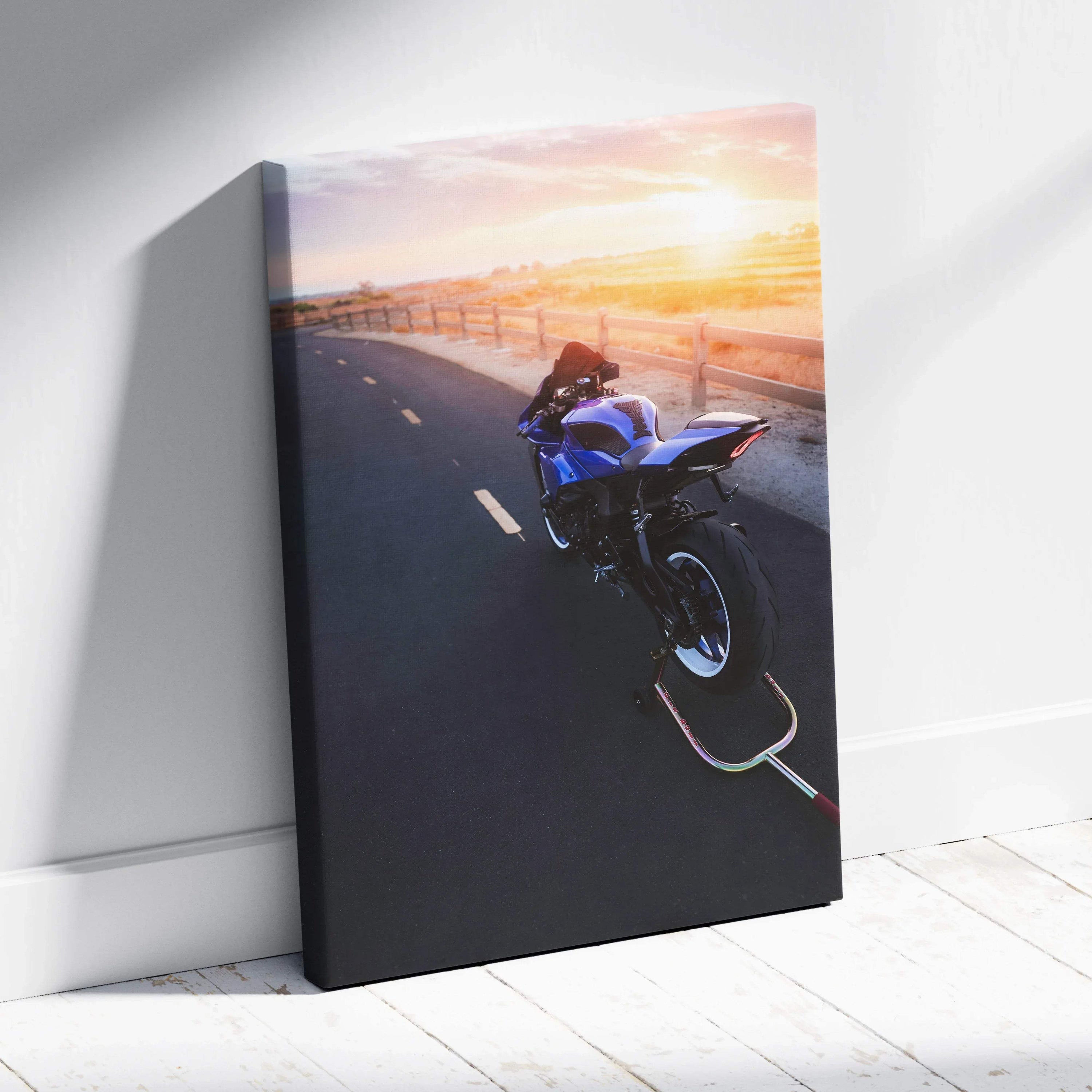 Yamaha R1 motorcycle at sunset canvas wall art with high-resolution detail and vibrant colors.