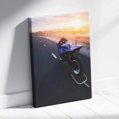 Yamaha R1 motorcycle at sunset canvas wall art with high-resolution detail and vibrant colors.