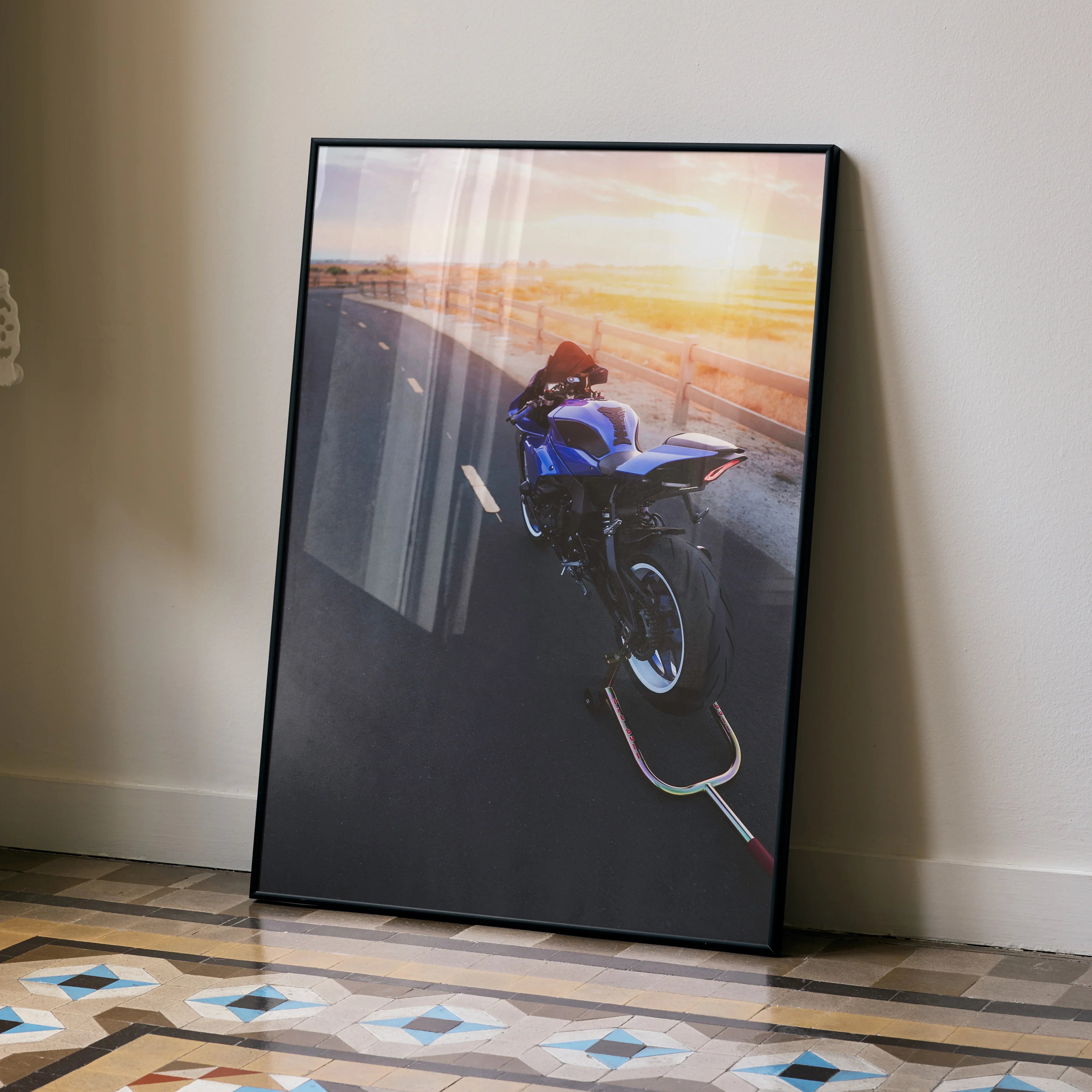 Yamaha R1 motorcycle poster with sunset background, vibrant colors, modern wall art print.