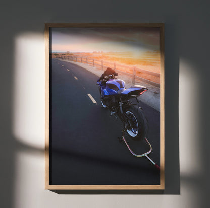Yamaha R1 motorcycle on sunset road poster wall art in wooden frame.