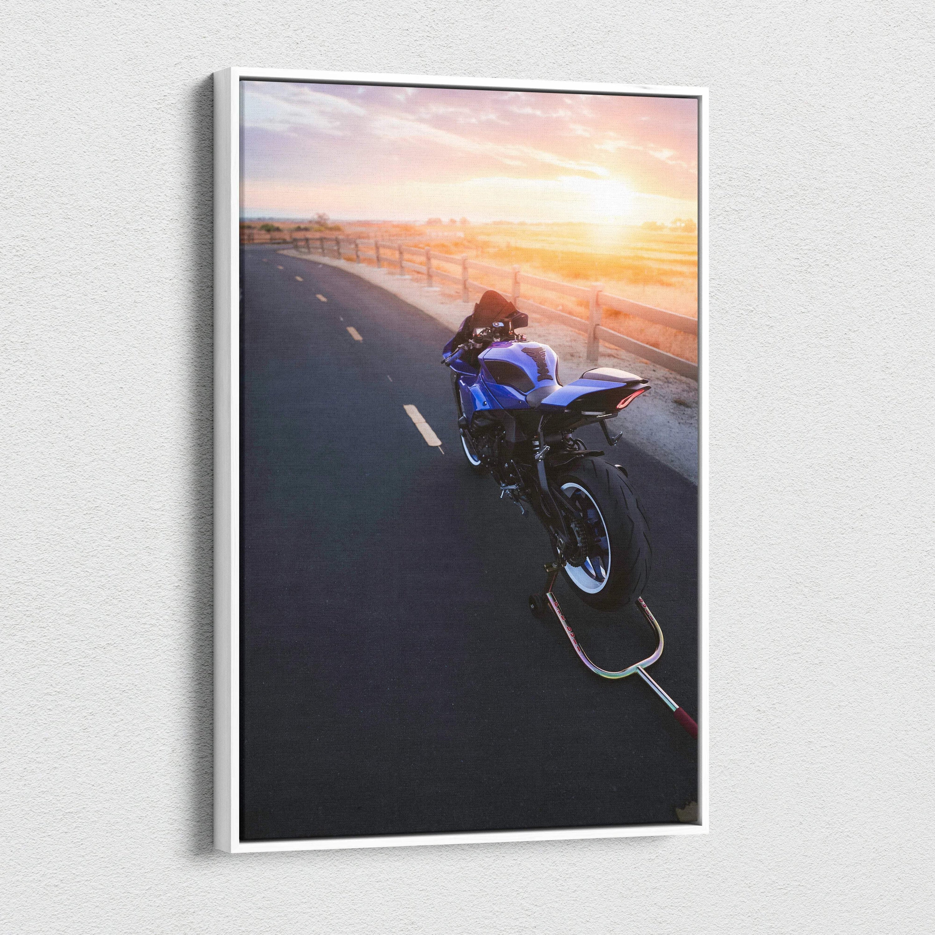 Yamaha R1 motorcycle on road at sunset canvas wall art with vibrant colors and high-resolution detail.