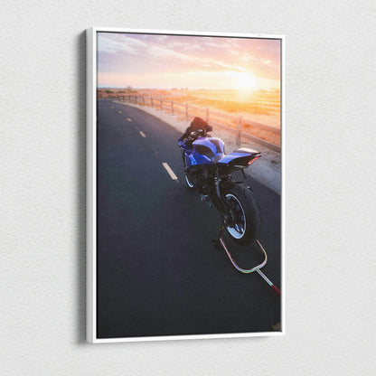 Yamaha R1 motorcycle on road at sunset canvas wall art with vibrant colors and high-resolution detail.