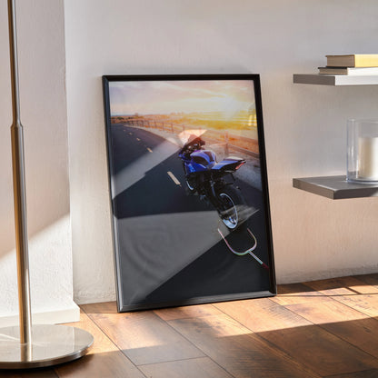 Yamaha R1 motorcycle poster with sunset background in black frame wall art.