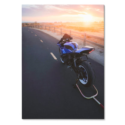 Yamaha R1 motorcycle on empty road during sunset poster wall art print.