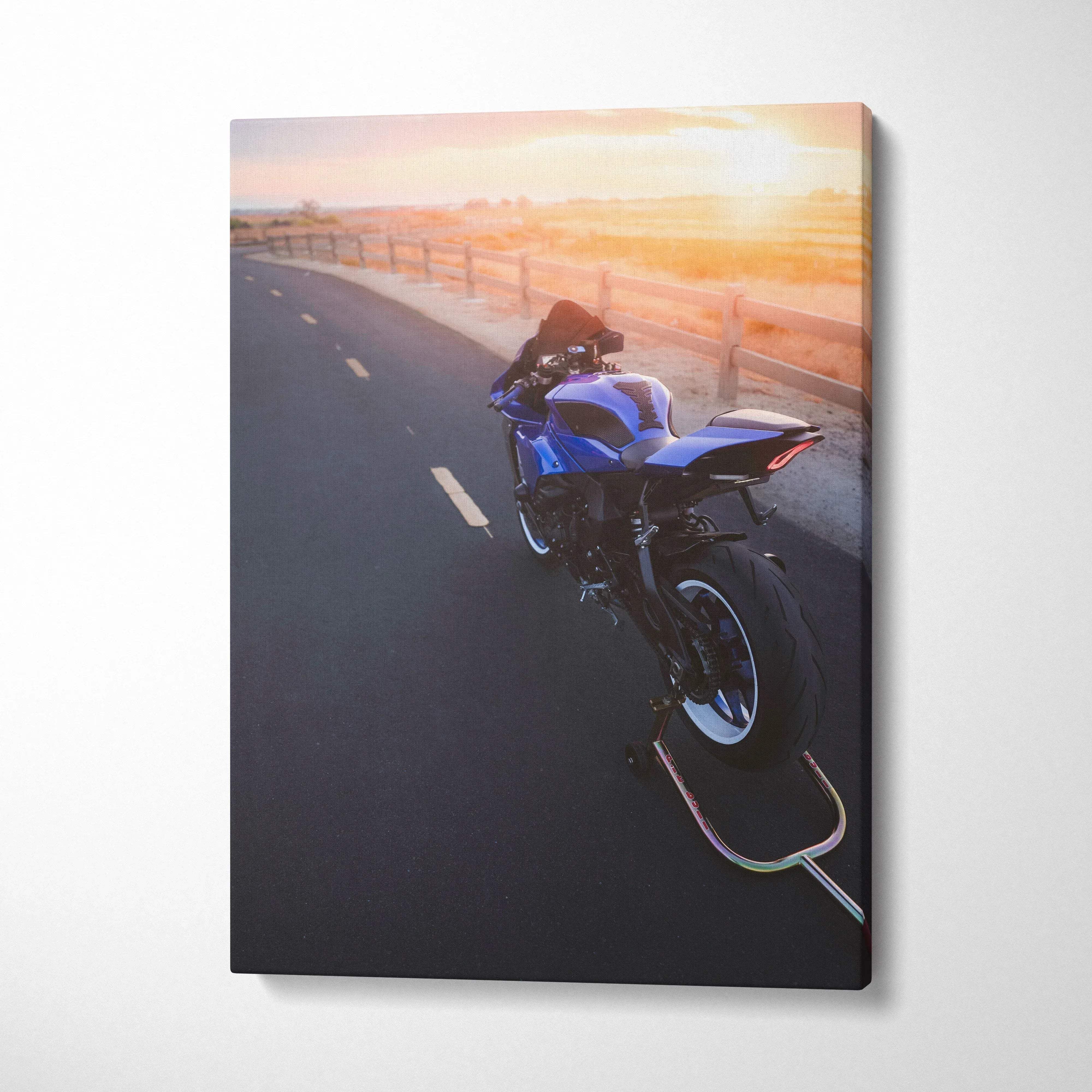 Yamaha R1 motorcycle on sunset road canvas wall art with vibrant sky and realistic details.