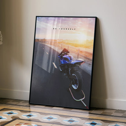 Motivational poster wall art featuring Yamaha R1 motorcycle riding into sunset on open road.