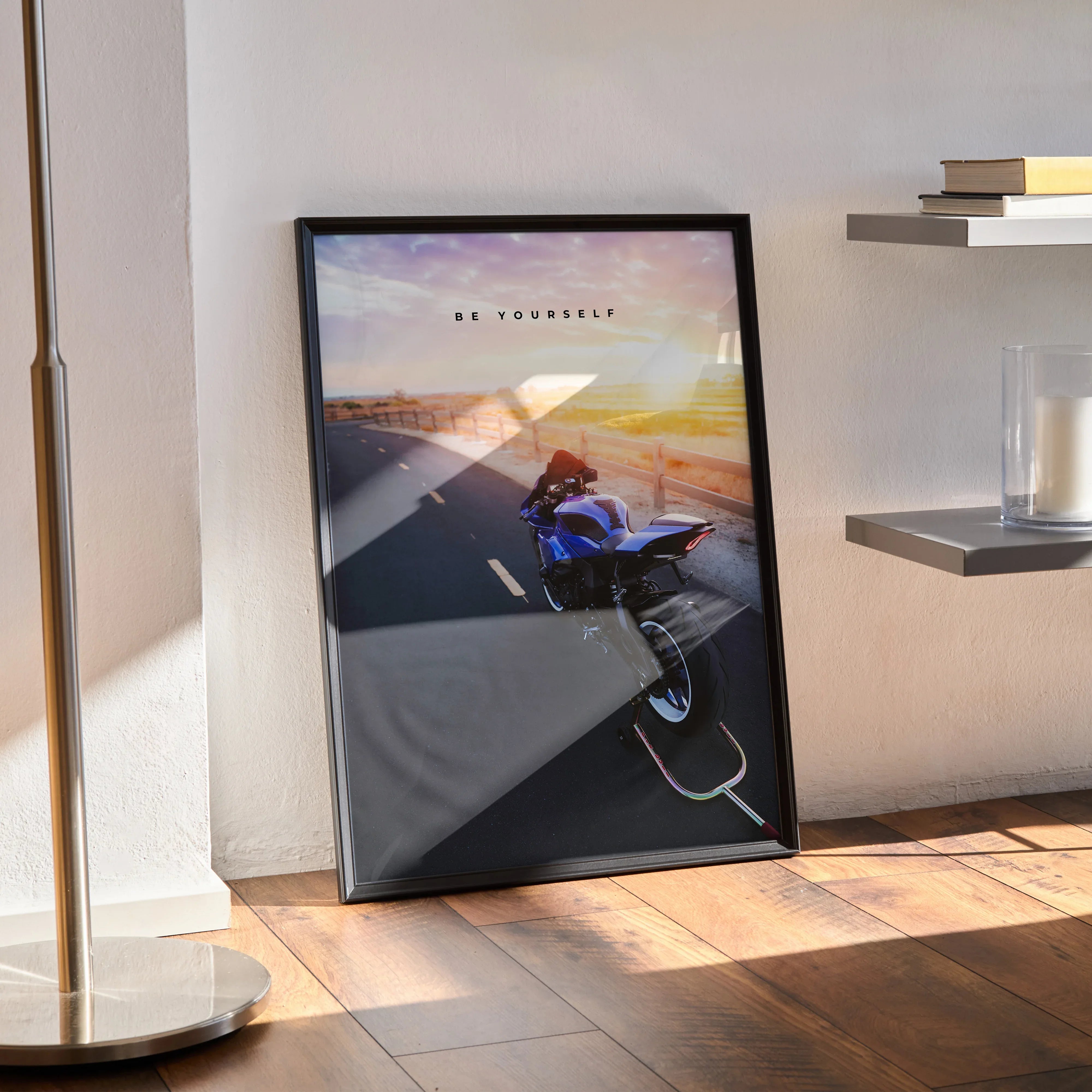 Motivational poster wall art featuring Yamaha R1 motorcycle on scenic road with inspiring text.