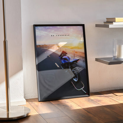 Motivational poster wall art featuring Yamaha R1 motorcycle on scenic road with inspiring text.