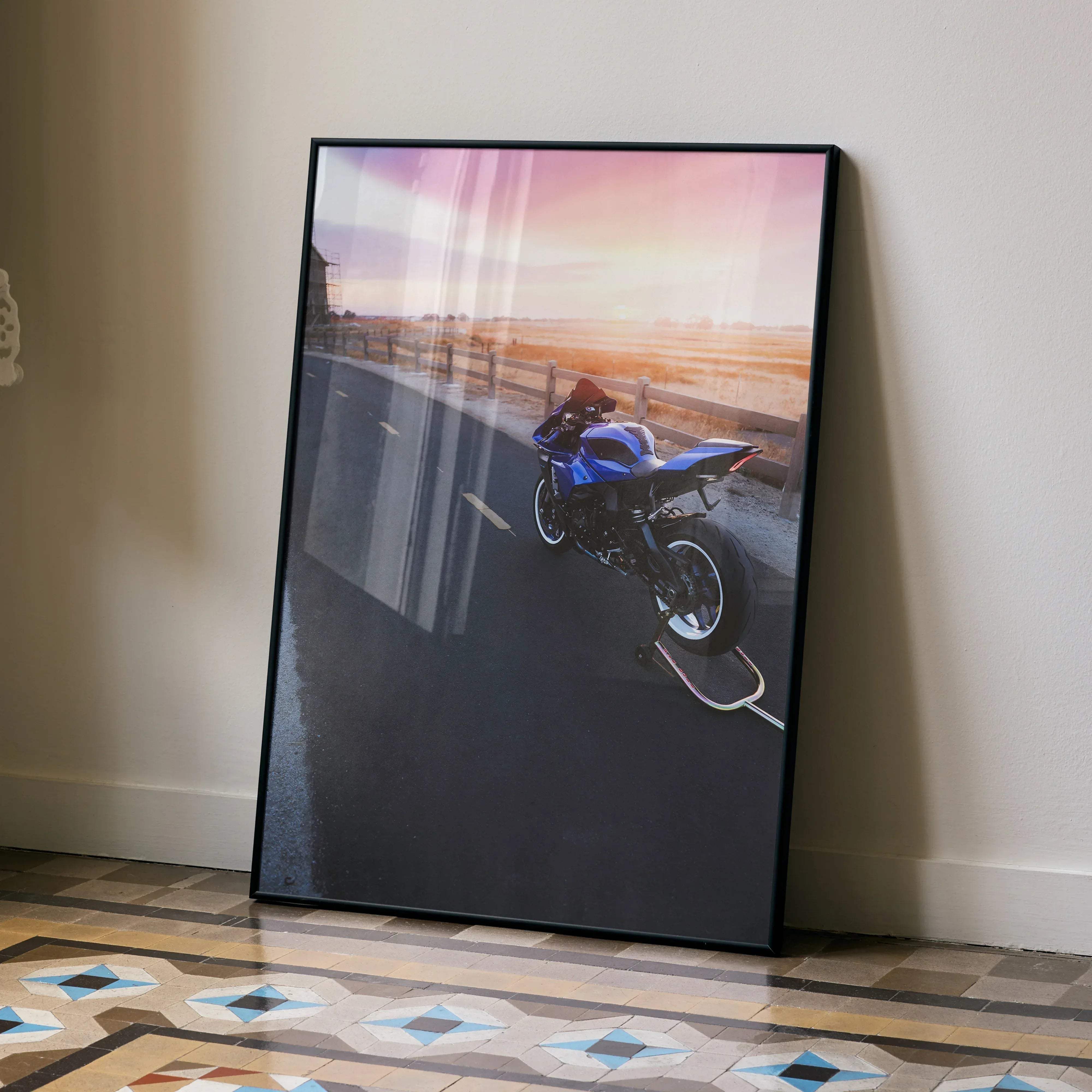 Blue Yamaha R1 motorcycle art print in a black frame featuring a sport bike design for premium decor