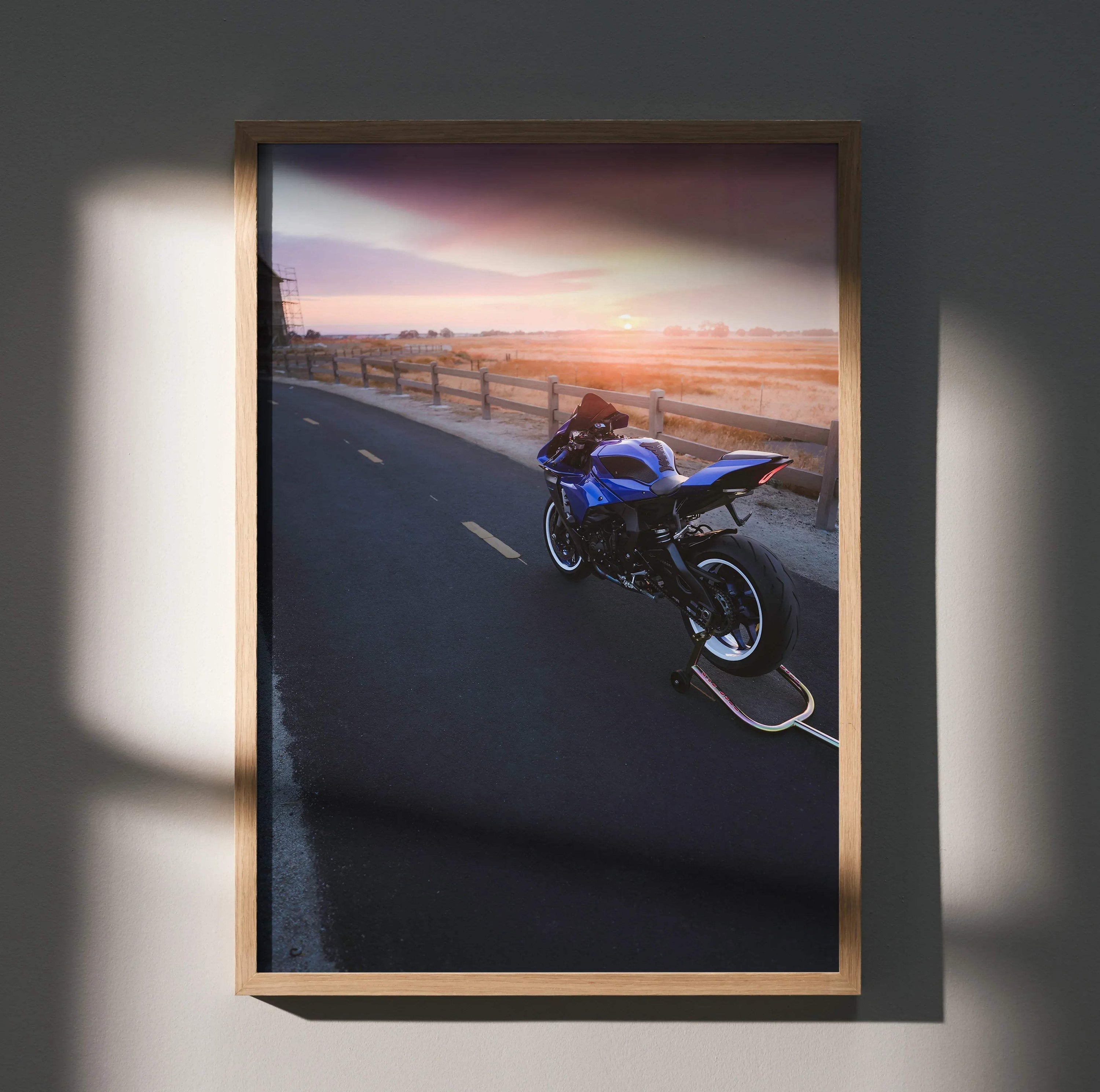 Yamaha R1 motorcycle poster with sunset background, premium wall art in wooden frame.