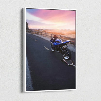 Yamaha R1 motorcycle on coastal road at sunset on vertical canvas wall art.