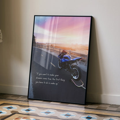 Motivational poster with blue Yamaha R1 motorcycle against sunset beach backdrop wall art.