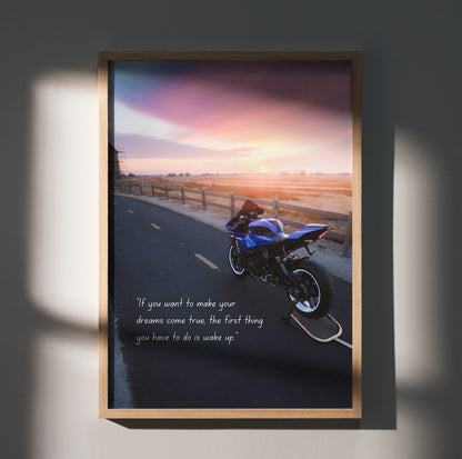Yamaha R1 motorcycle poster with sunset background and motivational quote wall art.