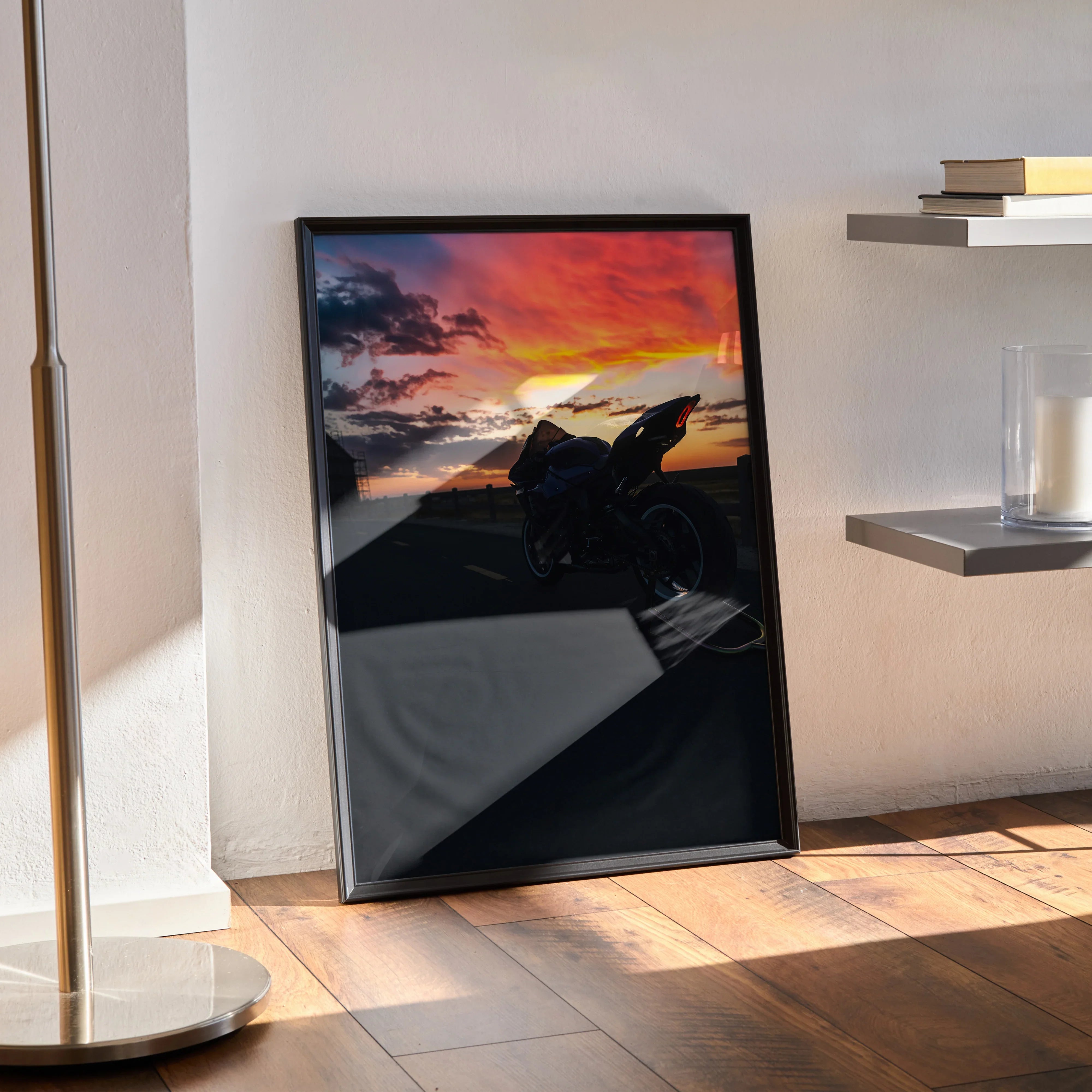 Yamaha R1 motorcycle silhouette against vibrant sunset sky poster wall art in black frame.