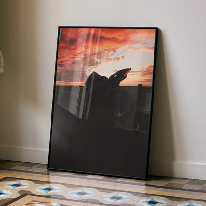 Yamaha R1 motorcycle silhouette against vibrant sunset sky poster wall art in black frame.