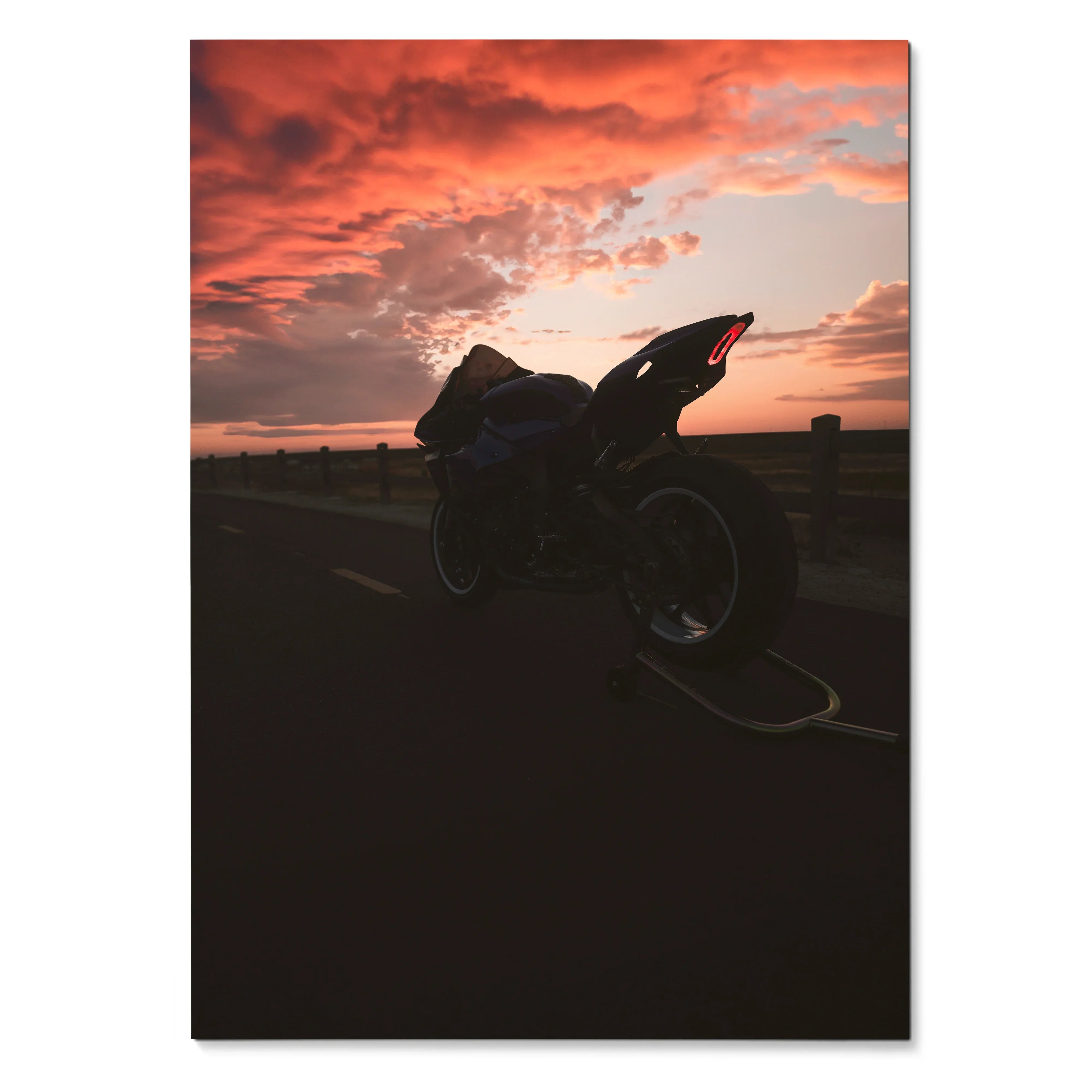 Yamaha R1 motorcycle silhouette against vibrant sunset sky poster wall art.