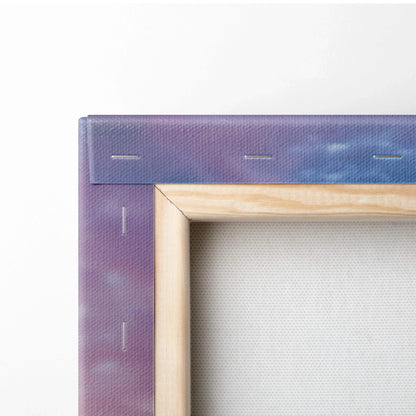 Close-up of wooden frame corner and canvas material texture for vertical Yamaha R1 motorcycle wall art canvas print.
